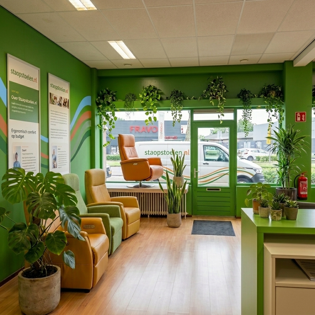 Oranje sta-op stoel in de etalage van onze showroom